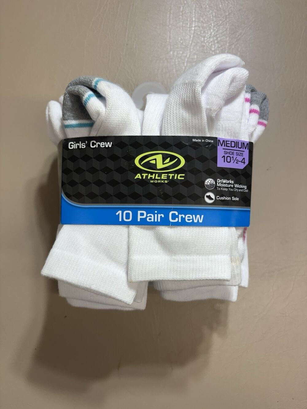 Athletic Works Girl's Crew Socks 10 PAIRS Shoe Size 10.5-4 Cushioned WHITE